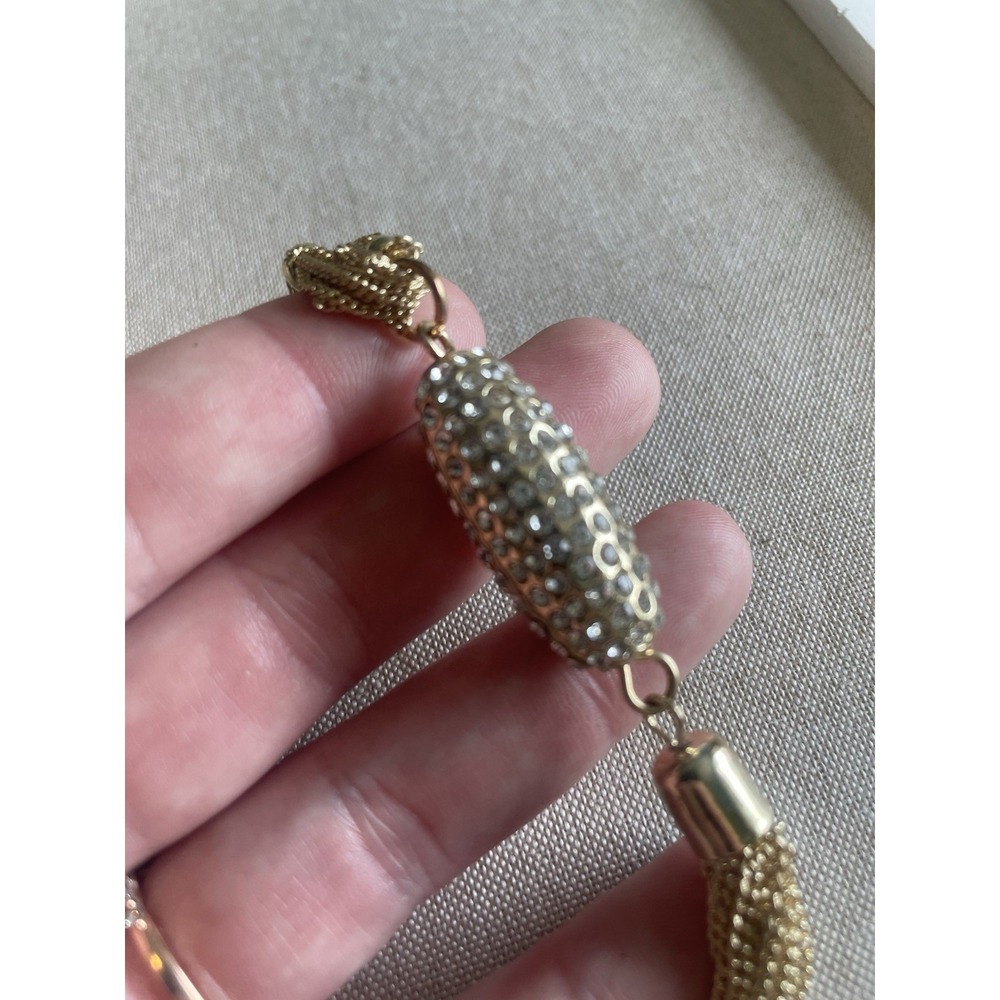 Gold Tone Tassel Necklace Rhinestone Bead Lariat Fringe Statement 19" Chain - Picture 4 of 8